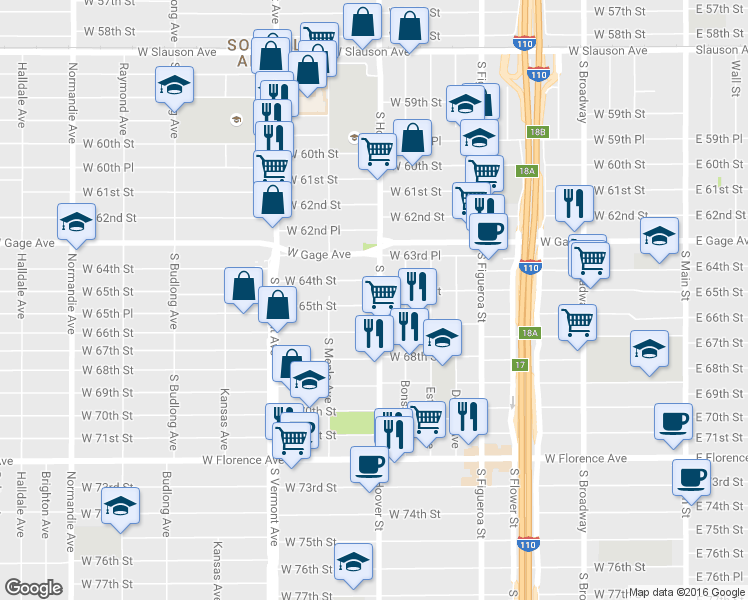 map of restaurants, bars, coffee shops, grocery stores, and more near 6414 South Hoover Street in Los Angeles