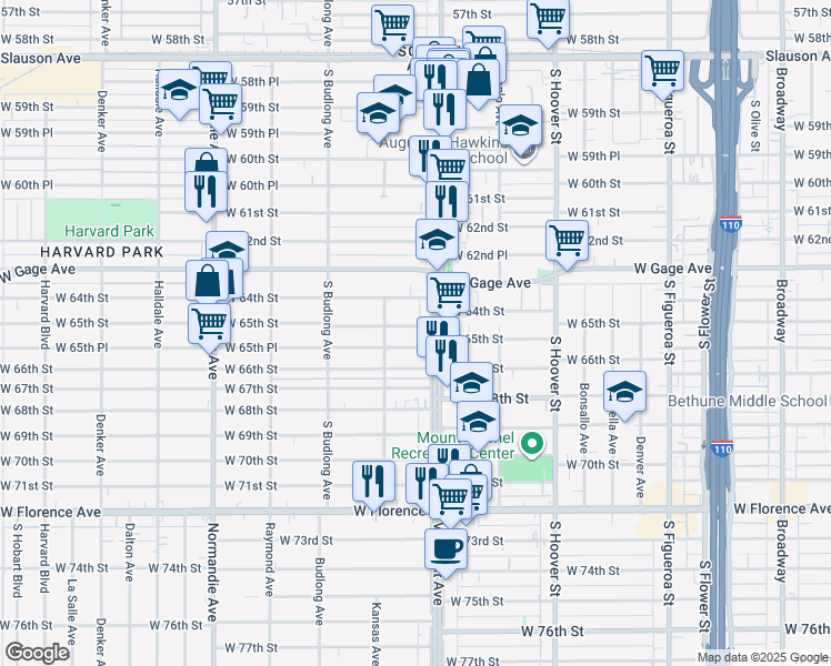 map of restaurants, bars, coffee shops, grocery stores, and more near 1034 West 64th Street in Los Angeles