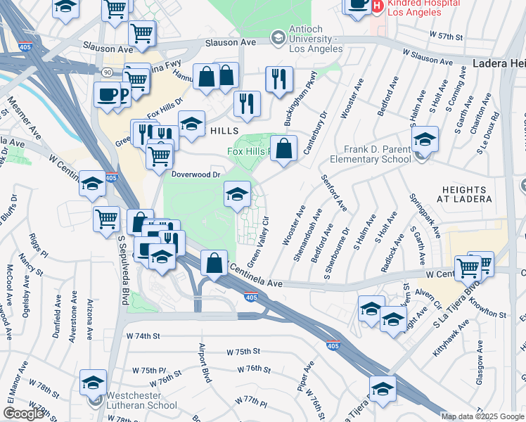 map of restaurants, bars, coffee shops, grocery stores, and more near 6237 Green Valley Circle in Culver City