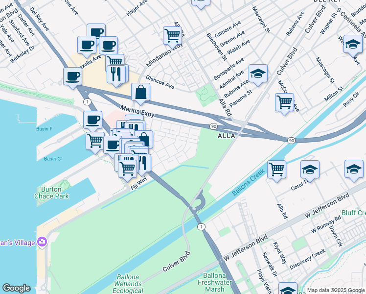 map of restaurants, bars, coffee shops, grocery stores, and more near 4771 La Villa Marina in Marina del Rey