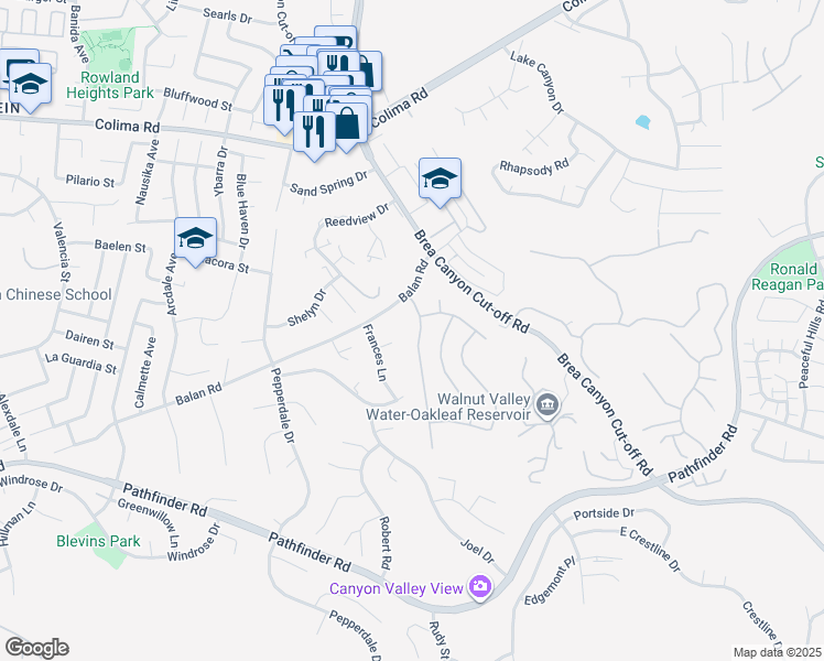 map of restaurants, bars, coffee shops, grocery stores, and more near 2147 Wind River Lane in Rowland Heights