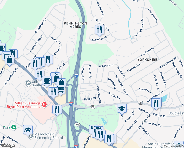 map of restaurants, bars, coffee shops, grocery stores, and more near 6710 Frances Street in Columbia