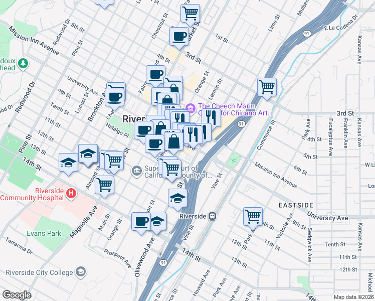 map of restaurants, bars, coffee shops, grocery stores, and more near 385 University Avenue in Riverside
