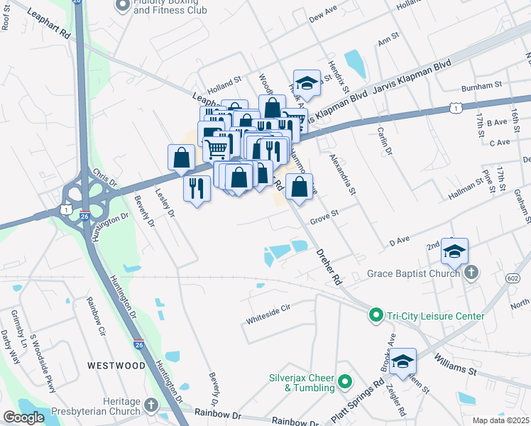 map of restaurants, bars, coffee shops, grocery stores, and more near 2305a Augusta Road in West Columbia