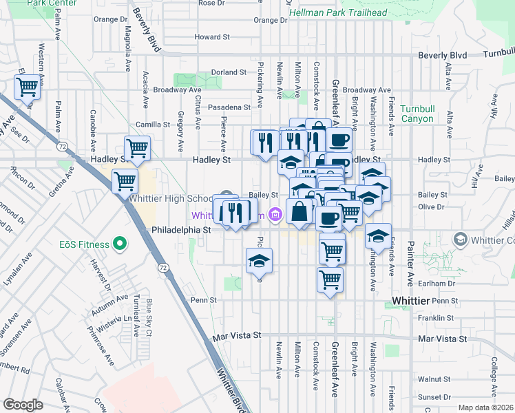 map of restaurants, bars, coffee shops, grocery stores, and more near 6717 Pickering Avenue in Whittier