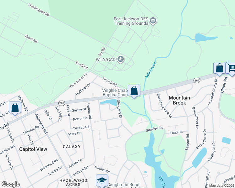 map of restaurants, bars, coffee shops, grocery stores, and more near 2318 Newell Road in Columbia