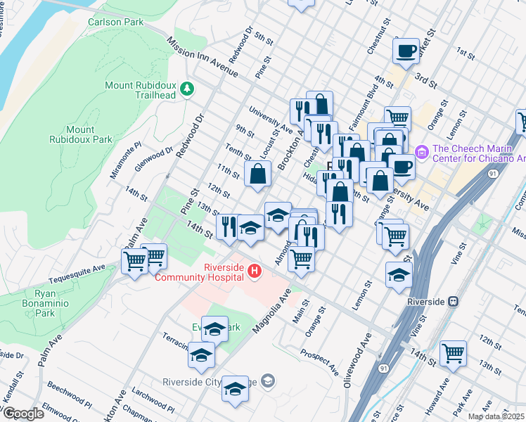 map of restaurants, bars, coffee shops, grocery stores, and more near 4110 Brockton Avenue in Riverside