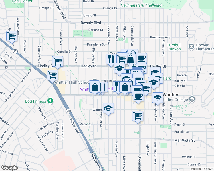 map of restaurants, bars, coffee shops, grocery stores, and more near 6717 Pickering Avenue in Whittier