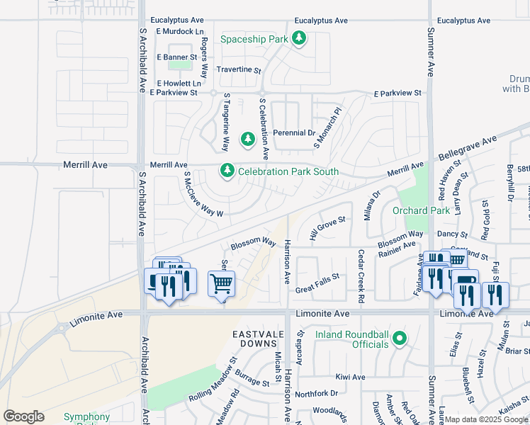 map of restaurants, bars, coffee shops, grocery stores, and more near 3089 East Arbor Lane in Ontario