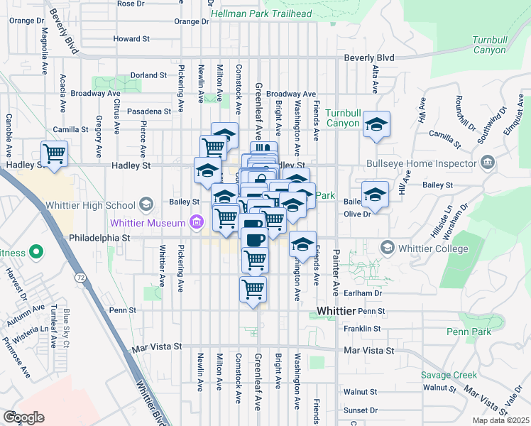 map of restaurants, bars, coffee shops, grocery stores, and more near 13019 Bailey Street in Whittier