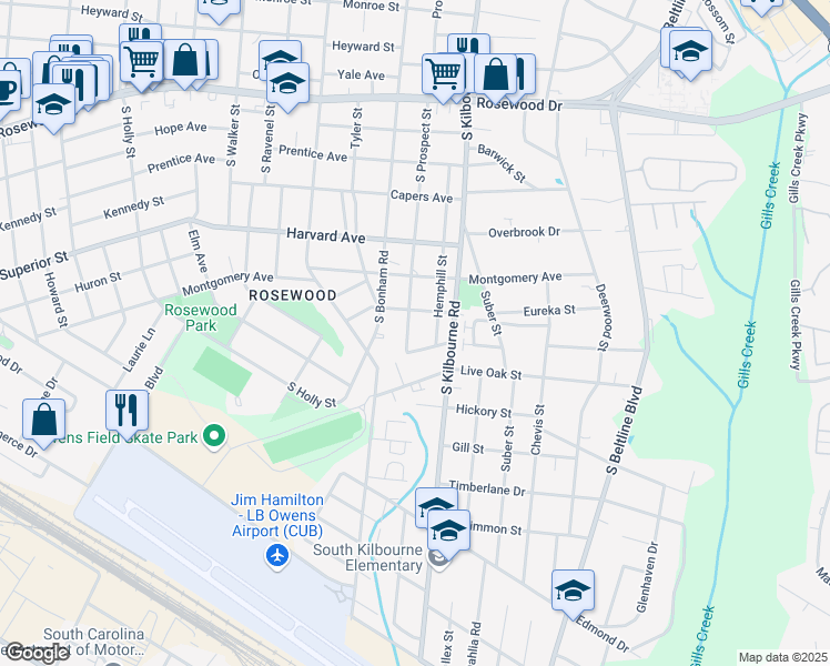 map of restaurants, bars, coffee shops, grocery stores, and more near 810 South Prospect Street in Columbia