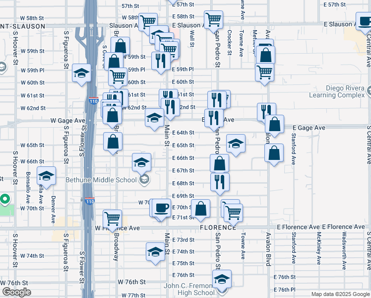 map of restaurants, bars, coffee shops, grocery stores, and more near 142 East 65th Street in Los Angeles
