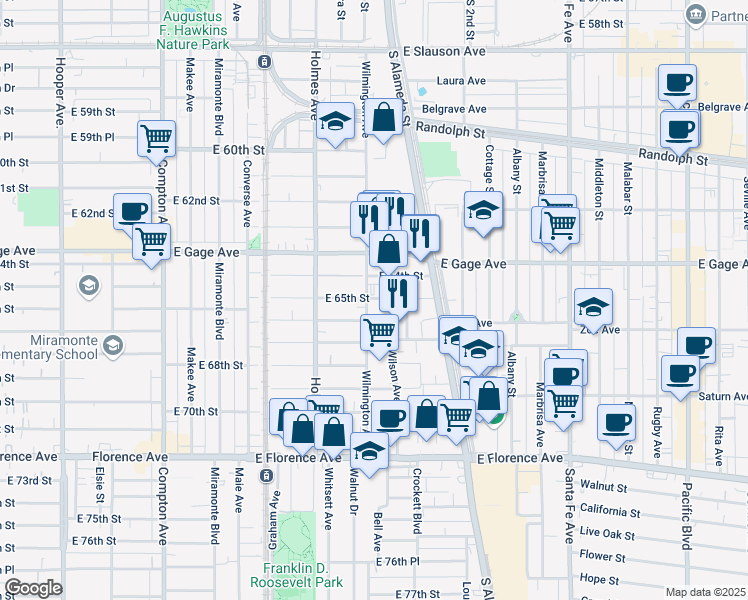 map of restaurants, bars, coffee shops, grocery stores, and more near 6401 Wilmington Avenue in Los Angeles