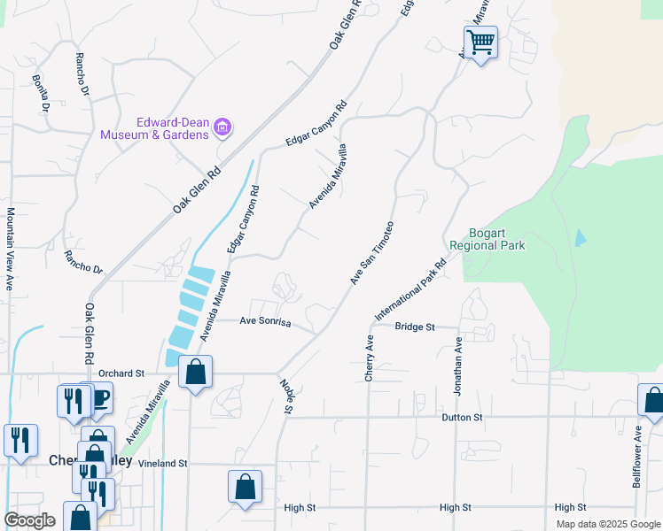 map of restaurants, bars, coffee shops, grocery stores, and more near 9707 Avenue San Timoteo in Cherry Valley