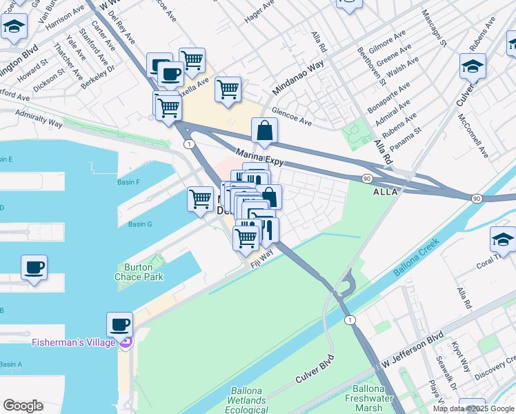 map of restaurants, bars, coffee shops, grocery stores, and more near 4727 La Villa Marina in Marina del Rey