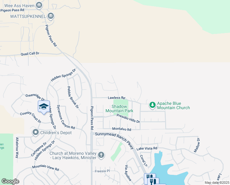 map of restaurants, bars, coffee shops, grocery stores, and more near 23169 Samantha Place in Moreno Valley