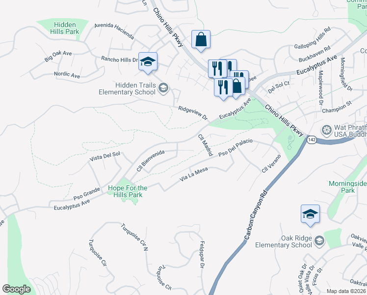 map of restaurants, bars, coffee shops, grocery stores, and more near 2400 Calle Bienvenida in Chino Hills