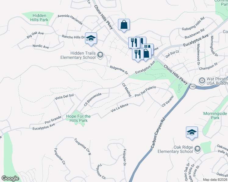 map of restaurants, bars, coffee shops, grocery stores, and more near 2408 Calle Bienvenida in Chino Hills