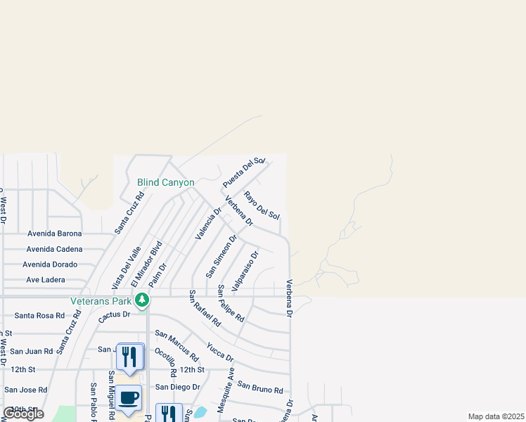map of restaurants, bars, coffee shops, grocery stores, and more near Rayo Del Sol in Desert Hot Springs