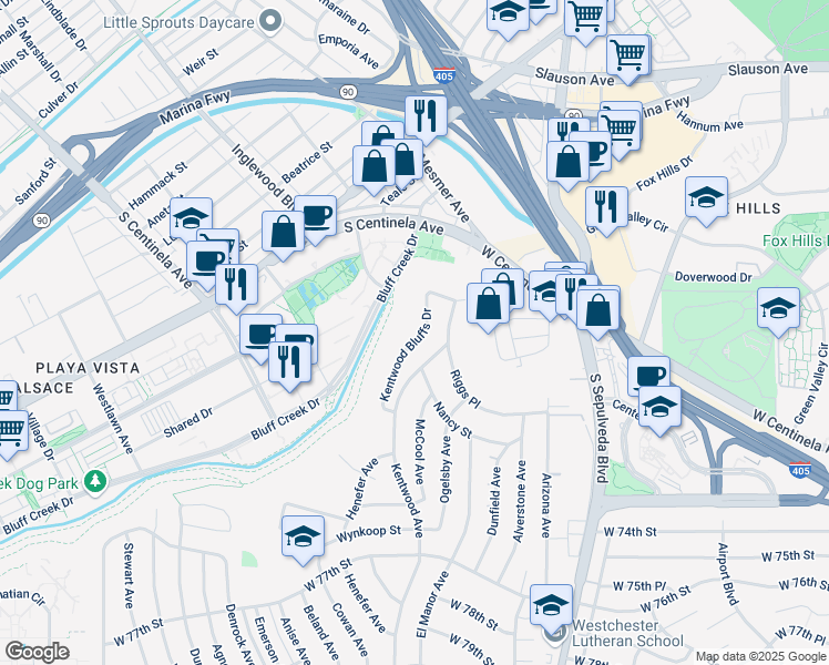 map of restaurants, bars, coffee shops, grocery stores, and more near 6644 Kentwood Bluffs Drive in Los Angeles