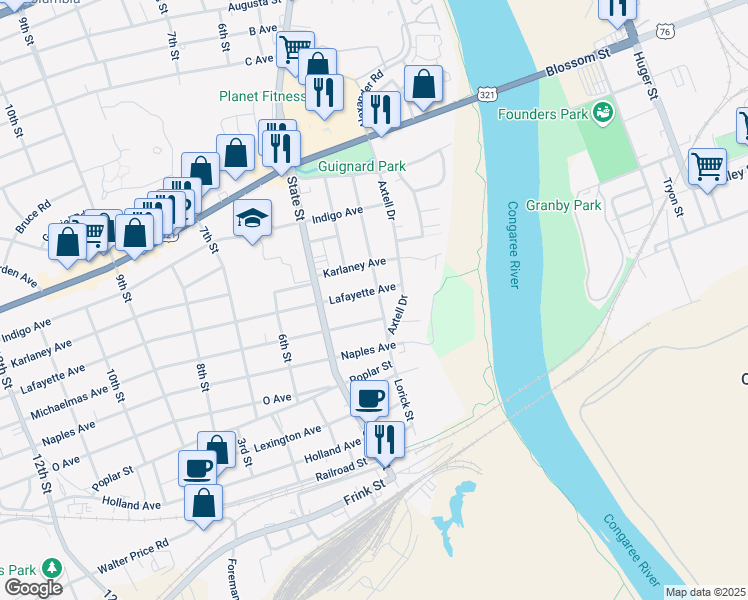 map of restaurants, bars, coffee shops, grocery stores, and more near 400 Lafayette Avenue in Cayce