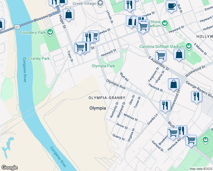 map of restaurants, bars, coffee shops, grocery stores, and more near 302 Delaware Street in Columbia