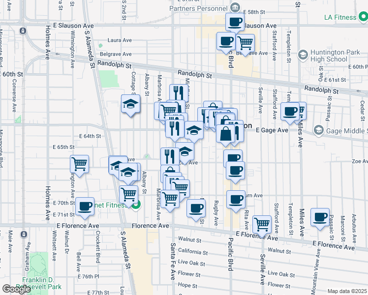 map of restaurants, bars, coffee shops, grocery stores, and more near 6513 Middleton Street in Huntington Park