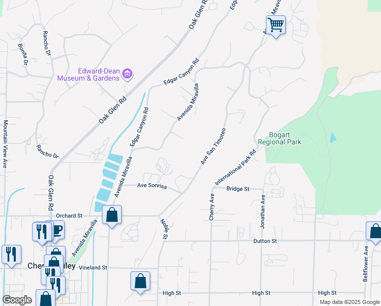 map of restaurants, bars, coffee shops, grocery stores, and more near 9707 Avenue San Timoteo in Cherry Valley