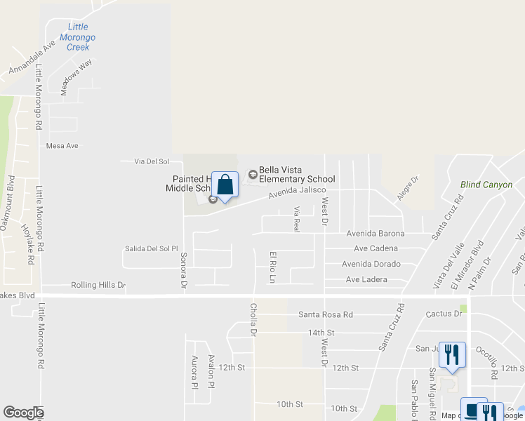 map of restaurants, bars, coffee shops, grocery stores, and more near 65780 Pico Avenue in Desert Hot Springs
