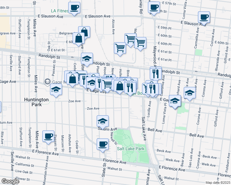 map of restaurants, bars, coffee shops, grocery stores, and more near 3267 East Gage Avenue in Huntington Park