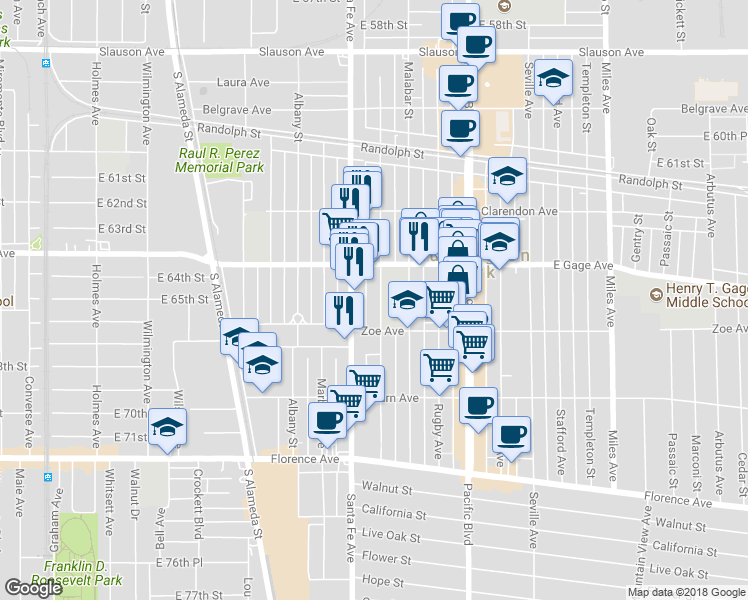 map of restaurants, bars, coffee shops, grocery stores, and more near 6513 Middleton Street in Huntington Park