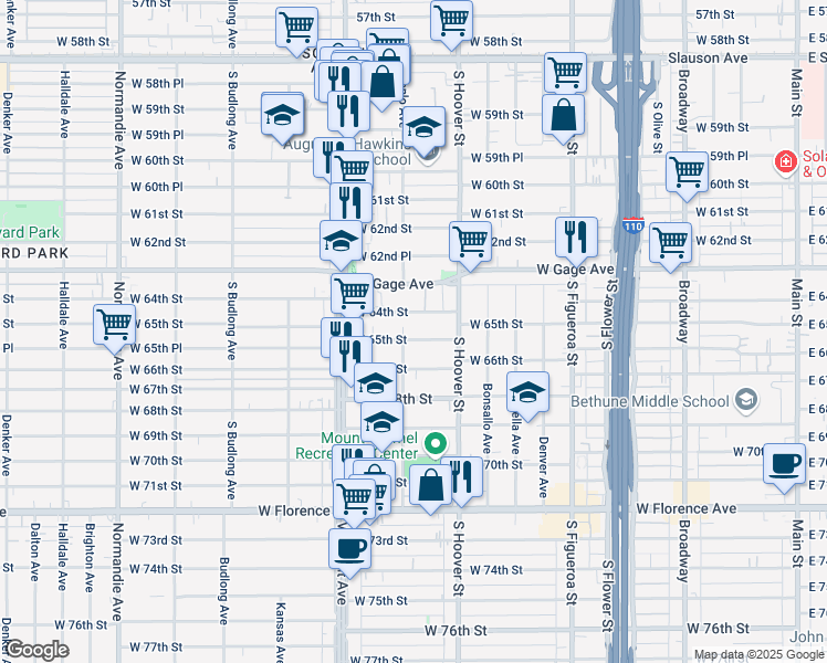 map of restaurants, bars, coffee shops, grocery stores, and more near 839 1/2 West 64th Street in Los Angeles