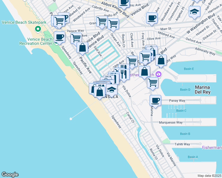 map of restaurants, bars, coffee shops, grocery stores, and more near 215 East Washington Boulevard in Los Angeles