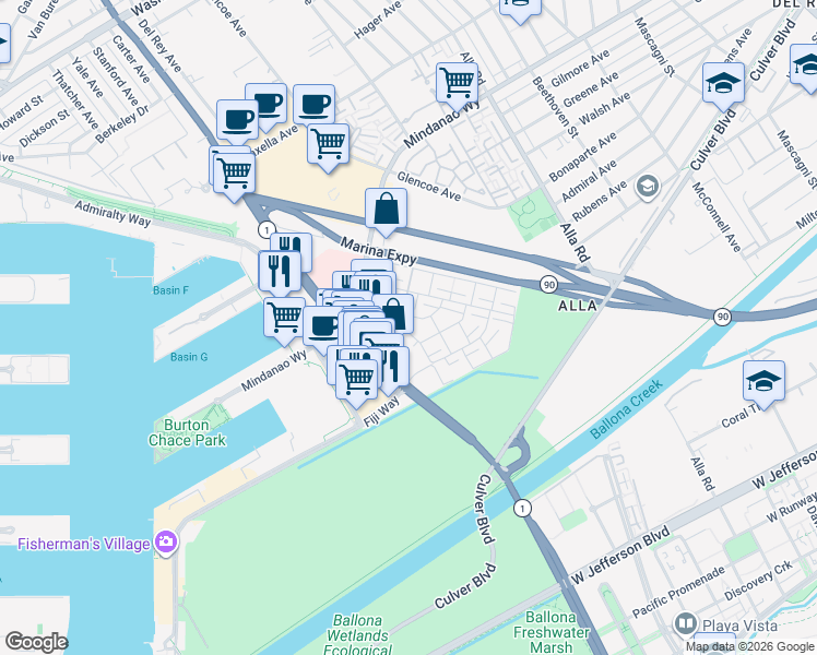 map of restaurants, bars, coffee shops, grocery stores, and more near 13226 Fiji Way in Marina del Rey
