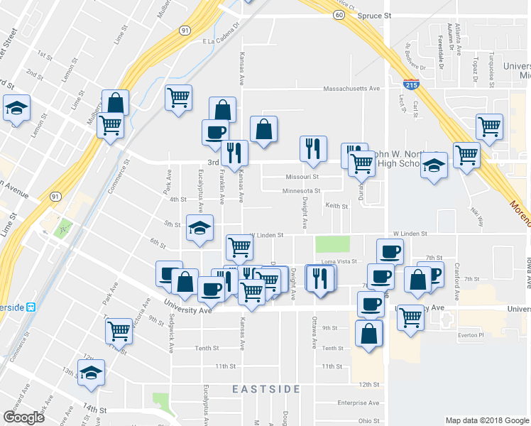 map of restaurants, bars, coffee shops, grocery stores, and more near 2029 Patterson Street in Riverside