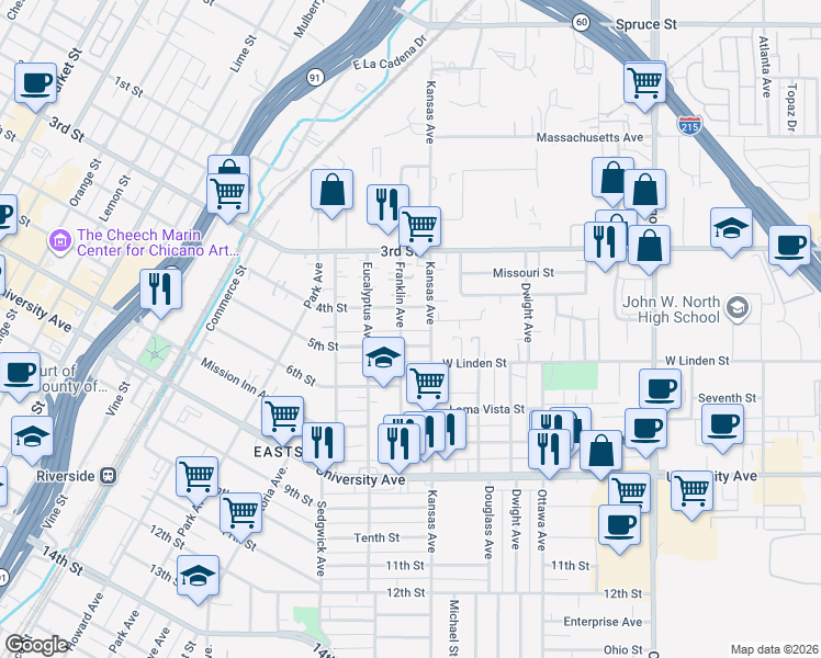 map of restaurants, bars, coffee shops, grocery stores, and more near 3409 Franklin Avenue in Riverside