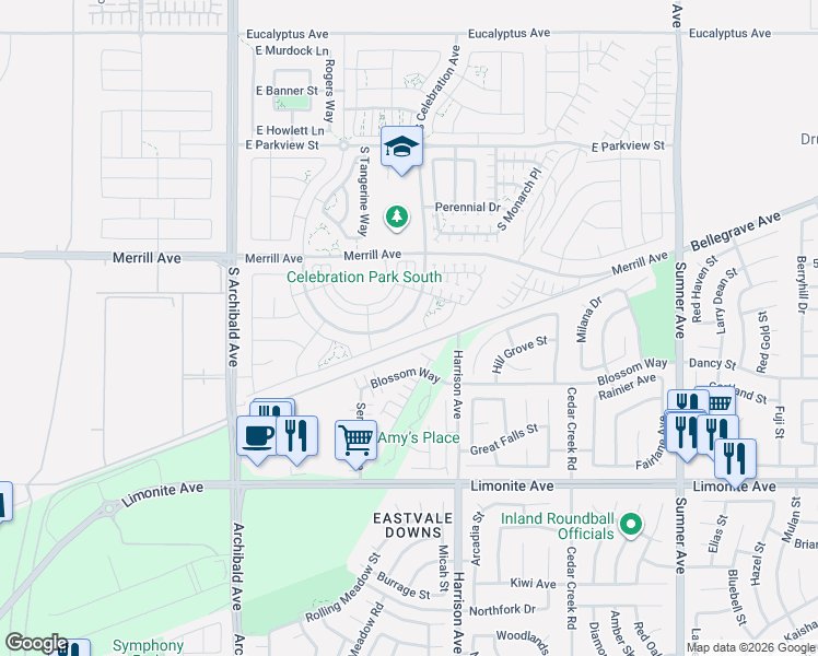 map of restaurants, bars, coffee shops, grocery stores, and more near 5068 South McCleve Way West in Ontario
