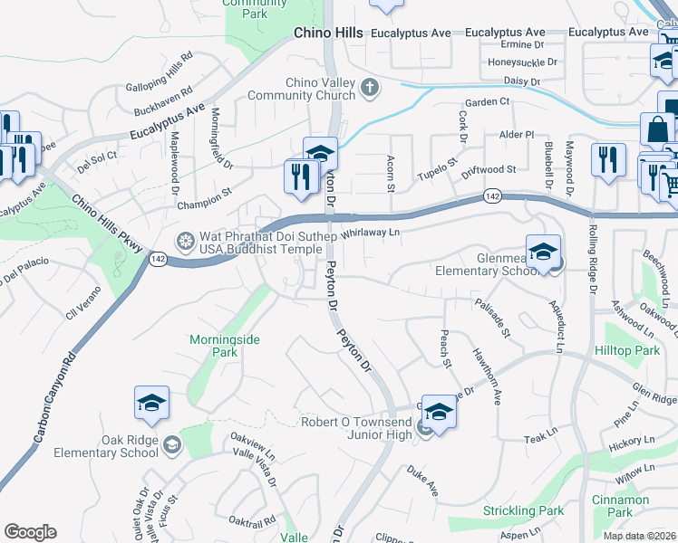 map of restaurants, bars, coffee shops, grocery stores, and more near 14984 Kalan Court in Chino Hills