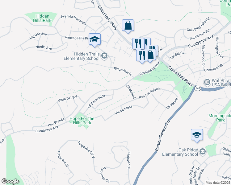 map of restaurants, bars, coffee shops, grocery stores, and more near 2408 Calle Bienvenida in Chino Hills