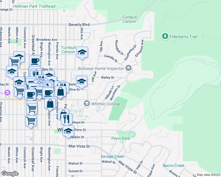 map of restaurants, bars, coffee shops, grocery stores, and more near 13762 Philadelphia Street in Whittier