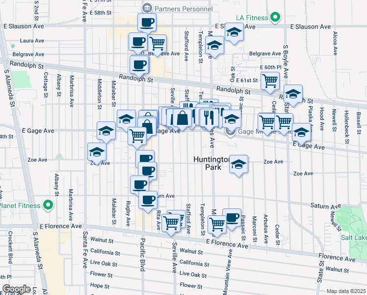 map of restaurants, bars, coffee shops, grocery stores, and more near 6422 Stafford Avenue in Huntington Park