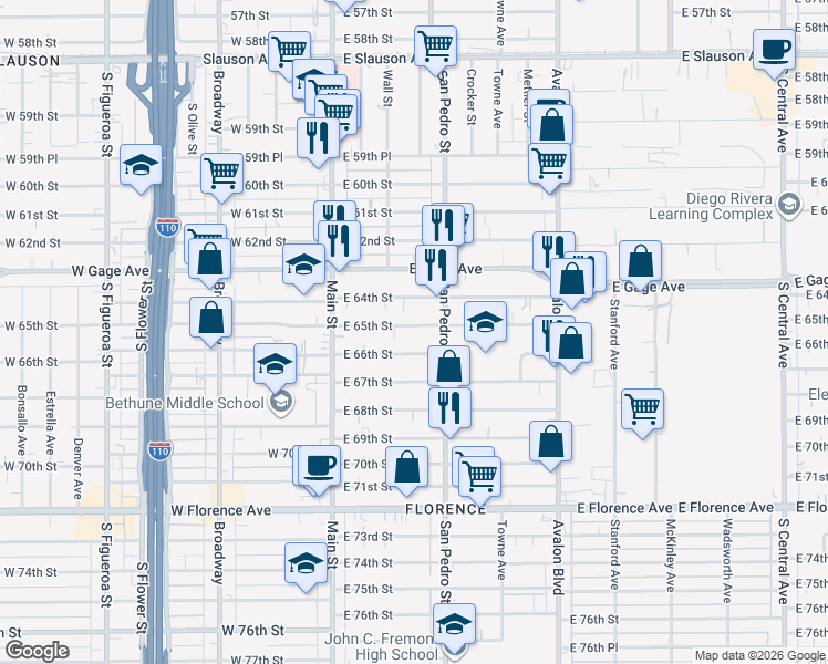 map of restaurants, bars, coffee shops, grocery stores, and more near 233 East 65th Street in Los Angeles