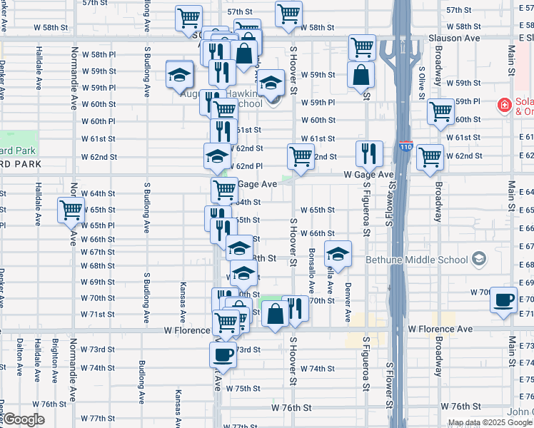 map of restaurants, bars, coffee shops, grocery stores, and more near 839 1/2 West 64th Street in Los Angeles
