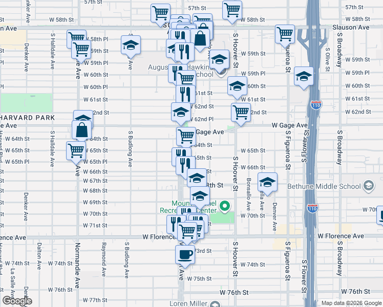 map of restaurants, bars, coffee shops, grocery stores, and more near 6400 South Vermont Avenue in Los Angeles