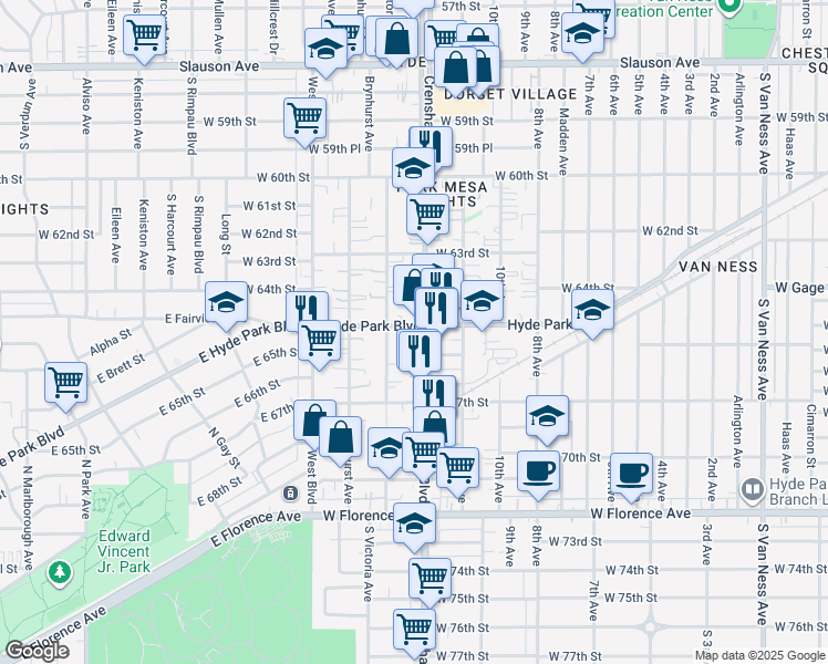 map of restaurants, bars, coffee shops, grocery stores, and more near 3429 Hyde Park Boulevard in Los Angeles