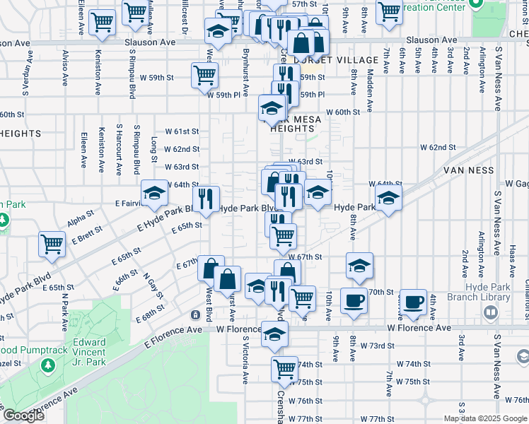 map of restaurants, bars, coffee shops, grocery stores, and more near 3429 Hyde Park Boulevard in Los Angeles