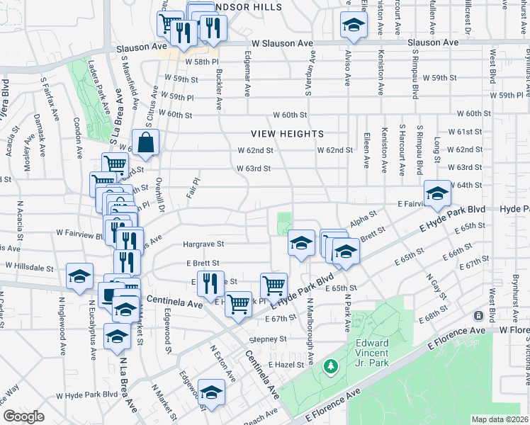 map of restaurants, bars, coffee shops, grocery stores, and more near 607 East Fairview Boulevard in Inglewood