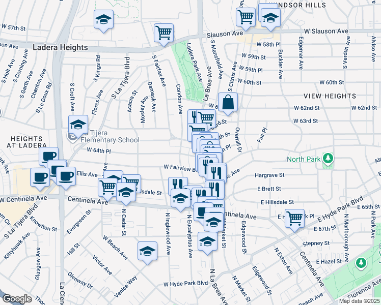 map of restaurants, bars, coffee shops, grocery stores, and more near 102 West 64th Street in Inglewood