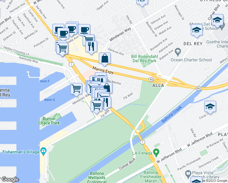 map of restaurants, bars, coffee shops, grocery stores, and more near 13211 Admiral Avenue in Marina del Rey