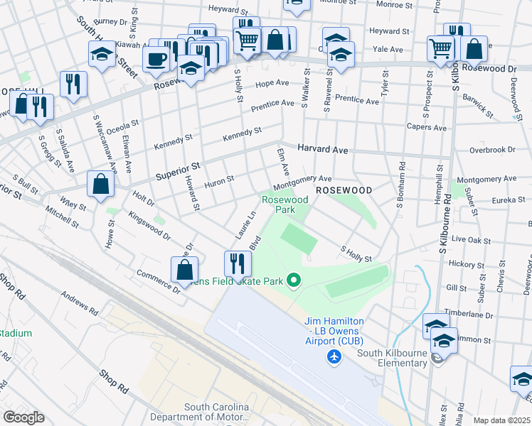 map of restaurants, bars, coffee shops, grocery stores, and more near 900 Laurie Lane in Columbia